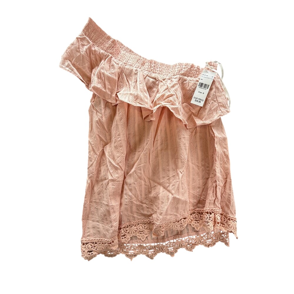 Sweet Wanderer Blouse Womens M Pink One Shoulder Ruffle Crochet Tunic Top Boho